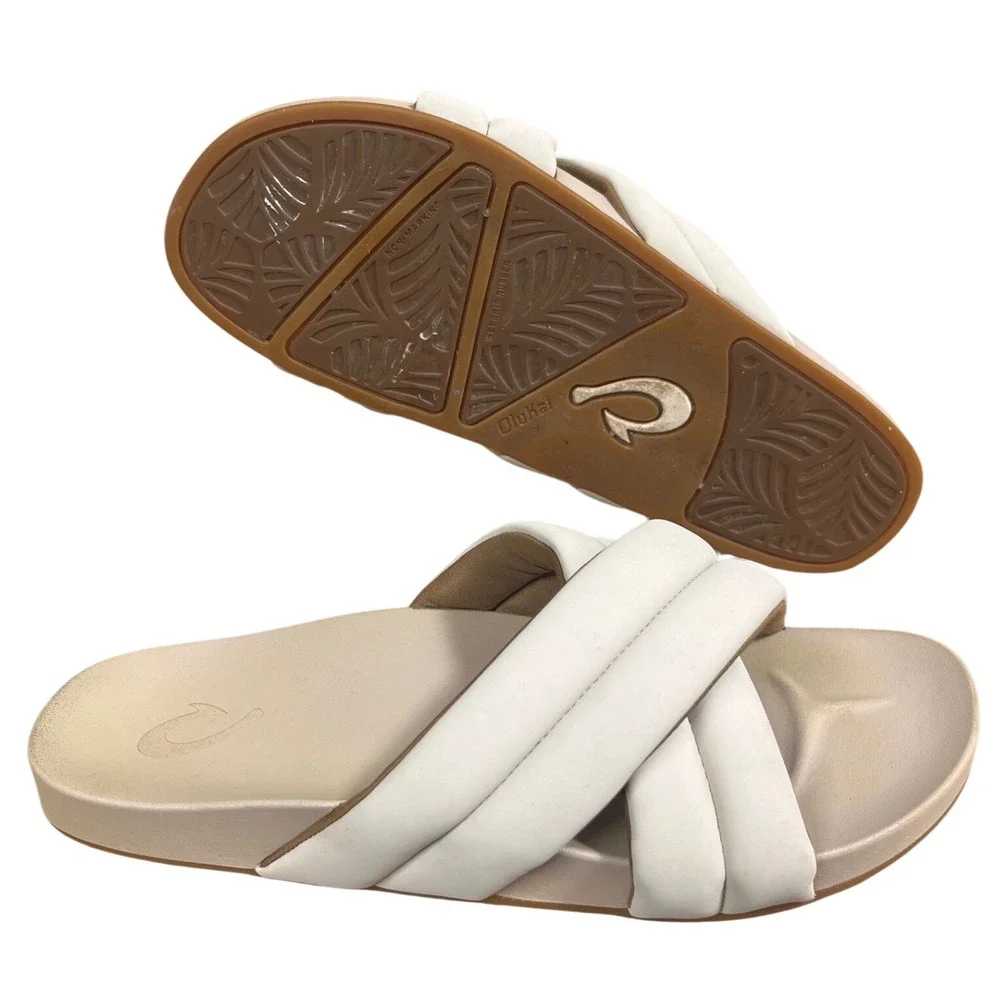 OluKai Mi'i Womens Leather Puffy Crisscross Slide Sandals Bone‎ White Size 10